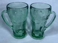 Set of (2) Vintage Libby Coke Coca-Cola Thick Heavy Green Glass w/ Handle 6-1/4"