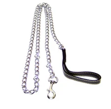 H D  Chrome Chain Dog Pet Leash Black Leather Strap Holding 2, 3, 4, 5mm  x  72"
