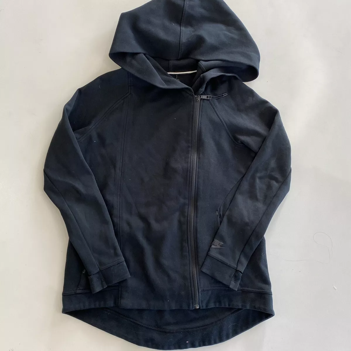 NIKE Tech Black Fleece Asymmetrical Zip High Low Cape Hooded Jacket Womens M