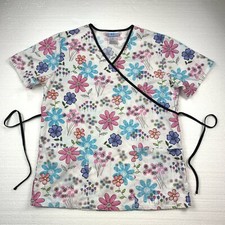 SB scrubs womens size small short sleeve scrub top v neck floral print white