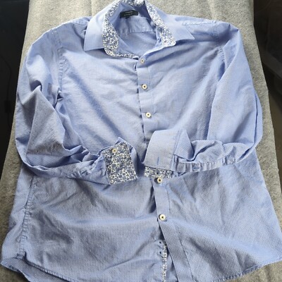 Dunnes Stores Shirt Mens Blue Long Sleeve Button L Geometric Flip Cuff 