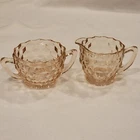 Vintage Jeannette Pink Depression Glass Cream Creamer Sugar Set Cube Cubist
