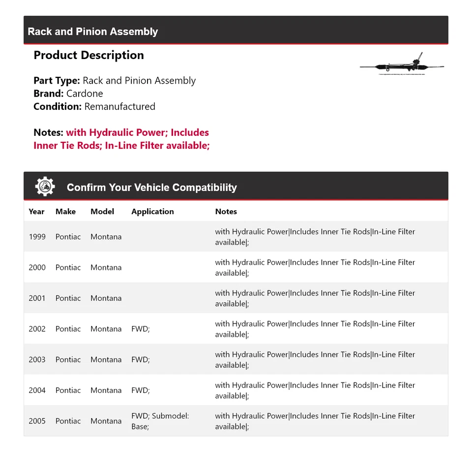 Montaje de piñón y cremallera para Pontiac Montana 1999-2005 Cardone 2000 2001 2002 Foto 2 de 4