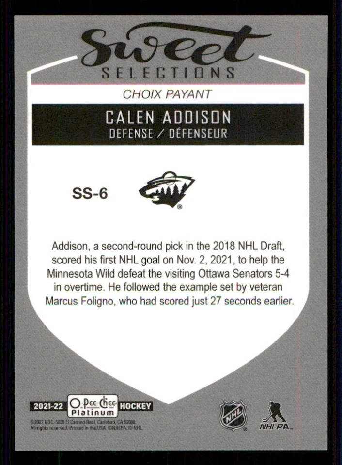 2021-22 O-Pee-Chee Platinum Sweet Selections #SS6 Calen Addison - Image 2 of 2