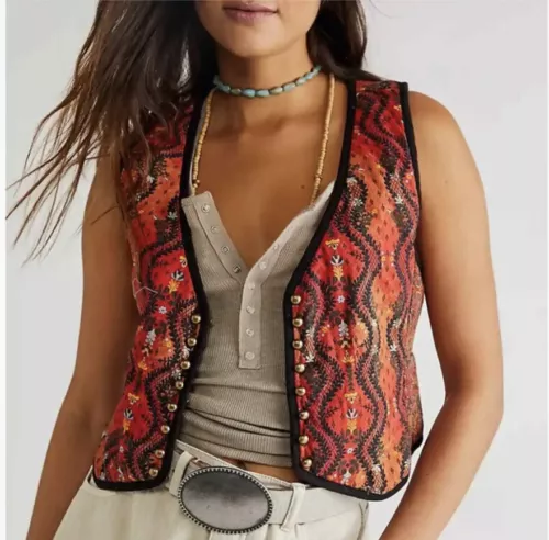 Free People Gemini Quilted Vest Top Sz XS 34 Chest Rust Combo Boho Festival