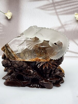 Garden Quartz Lizard Sculpture Freeform With Custom Wood Stand, Natural Crystal 
