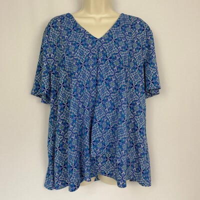 Chicos Top 3 Blue Boho Tile Print Flowy Draped Panel Front Lightweight 16 18 XL