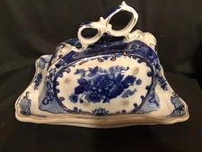Victoria Ware Ironstone Blue & White Cheese Keeper With Gold Accents