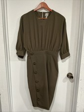 ASOS Pencil Dress, Midi, Puff Sleeves, Olive Green, 6, NWOT