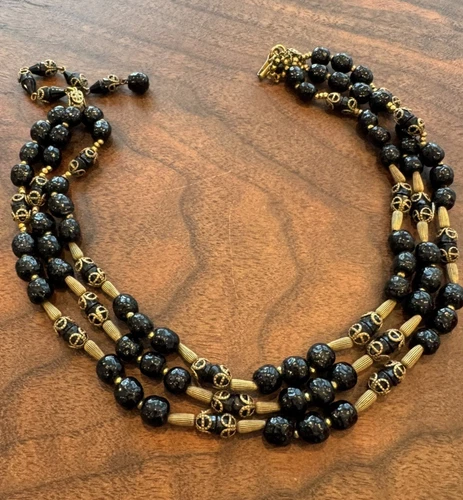 Miriam Haskell Vintage Jet Black  Beads & Gold ornate  Three strand Necklace