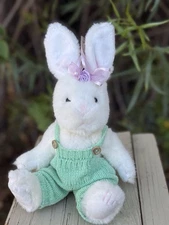 Hugfun Easter Bunny Rabbit 10" Fully Jointed  Plush Mint Green Overalls Vintage