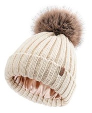 Toddler Beanie Satin Lined Baby Boys Girls Winter Hats Pom 3-24 Months Beige
