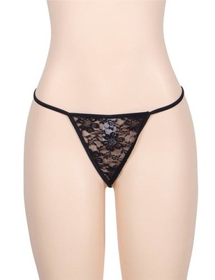 WOW BABE schwarz transparent Blumen Spitze Träger G String Slips Höschen Tanga Gr 16