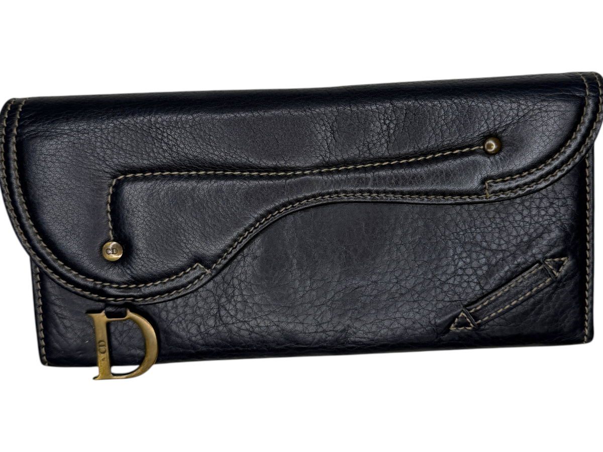 Christian Dior Saddle財布 Christian Dior Women Saddle Long Black Gaucho Leather Wallet Made
