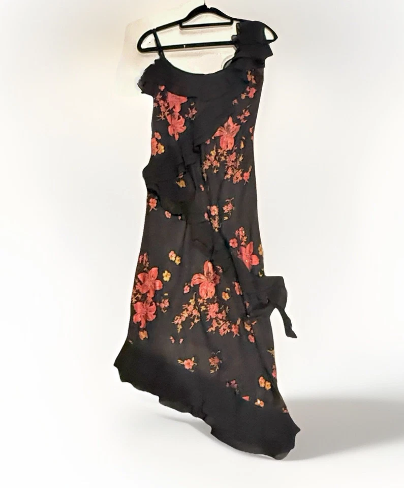 复古不对称懒人连衣裙黑色花卉串珠仙女哥特奇思格 90 年代 Y2K 6 — 第 2/4 张图片