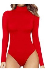Mangopop Women's Mock Turtle Neck Long Sleeve Tops Bodysuit Red 2 Snap Buttons L