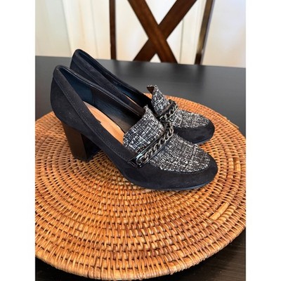 Tahari LaSalle Black Tweed Chain Link Block Heel Loafer Pumps Women 7.5M