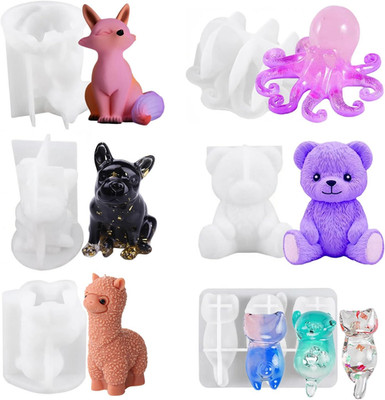 6PCS Animal Resin Mold, Alpaca, Bulldog, Fox, Cat,Bear and Octopus 3D Lifelike S