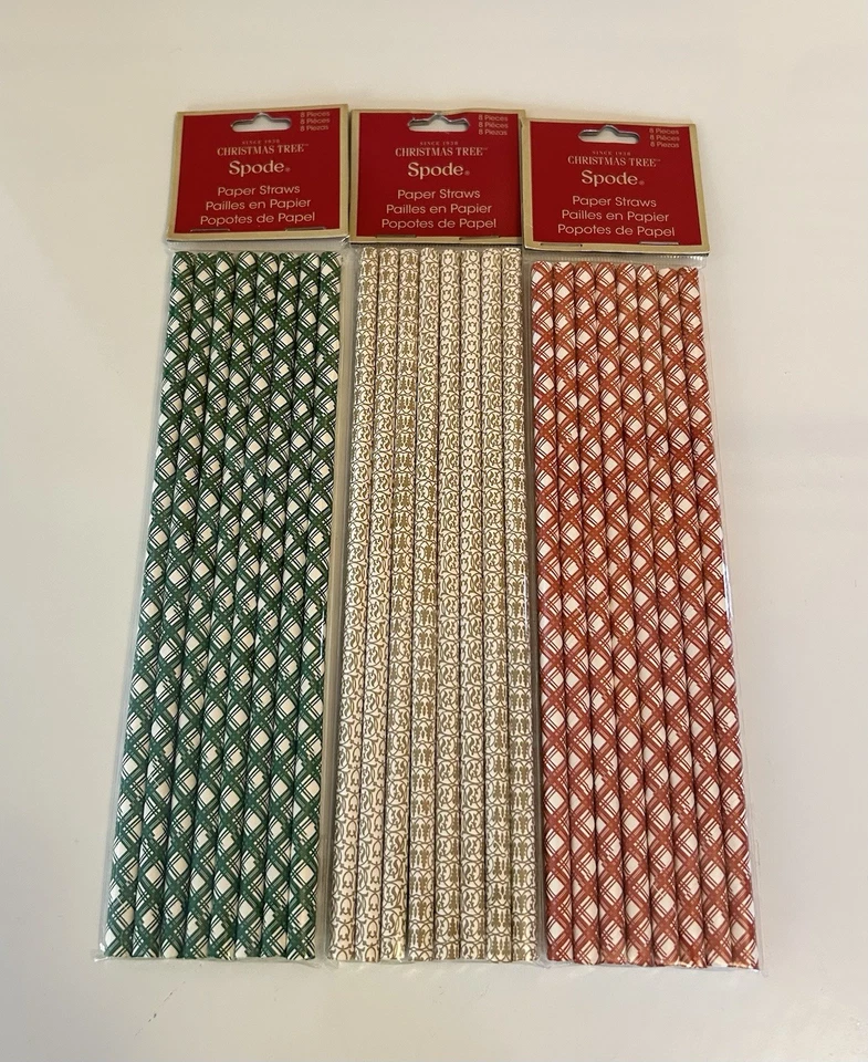 Juego de 3 pajitas de papel para árbol de Navidad Spode en diseños a cuadros verdes, dorados y rojos Foto 2 de 3