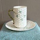 Vintage Belleek Ireland Porcelain Shamrock Basketweave Cup & Saucer 2-Piece Set — photo 2