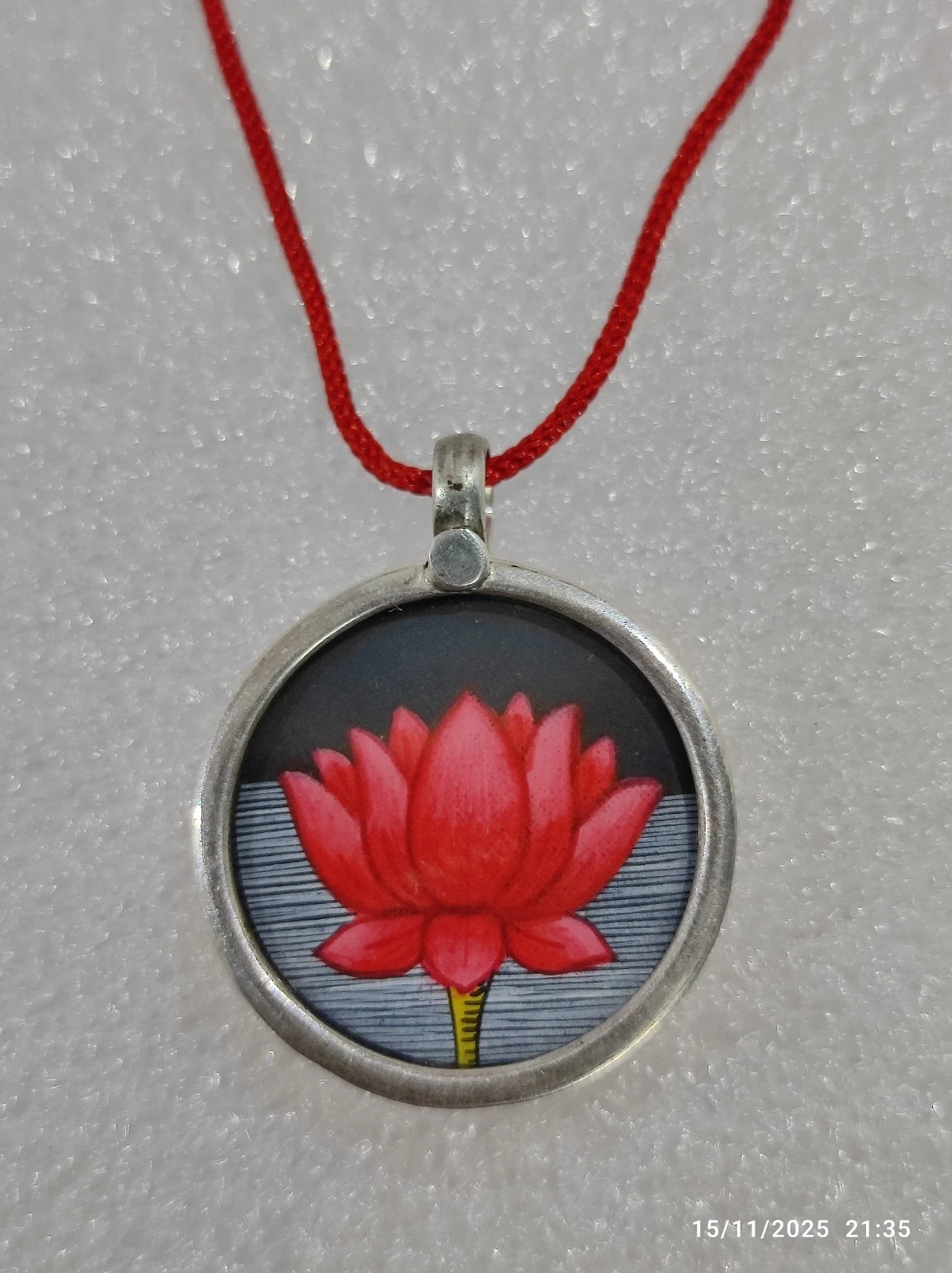 Handmade Miniature Art Painting Red Colour Lotus Flower of Life Silver Pendant