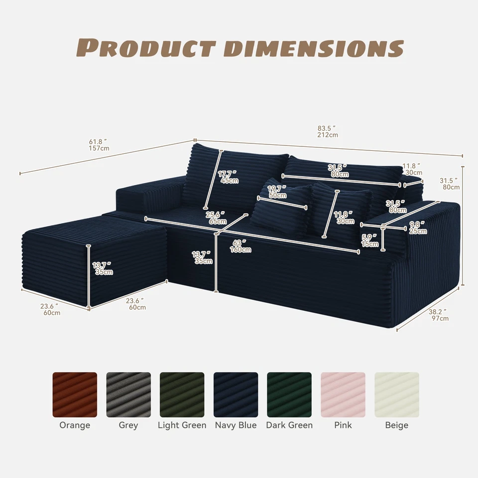 83.5" Modular Sectional Sofa, Convertible L-Shaped Corduroy Couches with Ottoman - Image 4 of 4