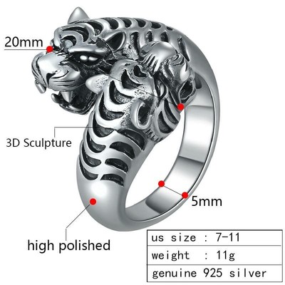 Bague Homme Argent 925 Tête De Tigre - Anneau Massif Neuf Avec étiquettes, Design Magnifique Et Viril