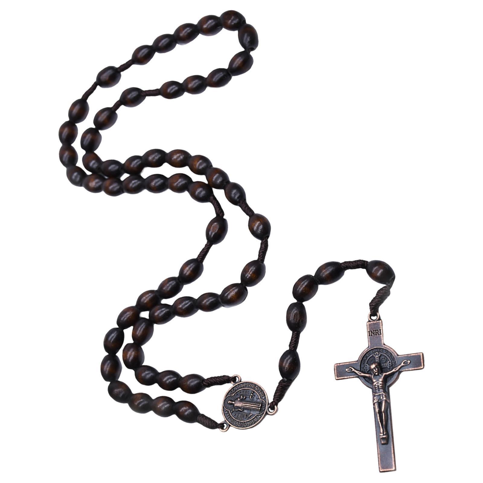 St. Benedict Rosary Holder Wall Mount - Wood With Gold Medals, 4 Hooks For Prayer Beads