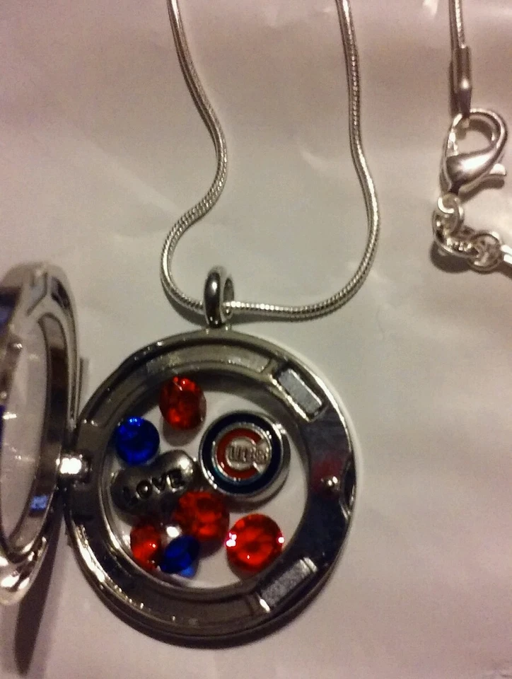 Chicago Cubs World Series Champ Inspired Necklace Memory Locket Heart Love Gems  - Image 3 of 3