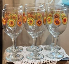 Set of 6 Libbey Mandala Colorful Floral Glasses Stem Boho Retro Mod 7 1/4".