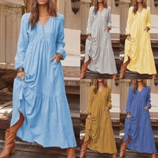 Women's Dress V Neck Maxi Sundress Long Sleeve Cover Up Beach Boho Fashion So ð