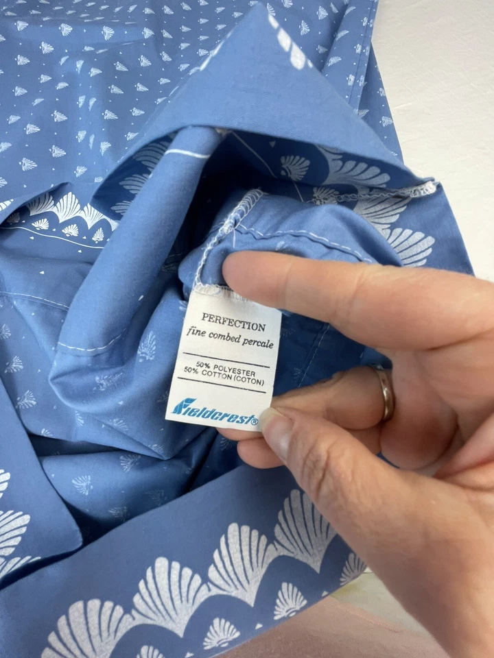 Vintage Fieldcrest King Size Pillow Cases Blue Shell Percale Cotton Piping U.S.A - Image 3 of 4