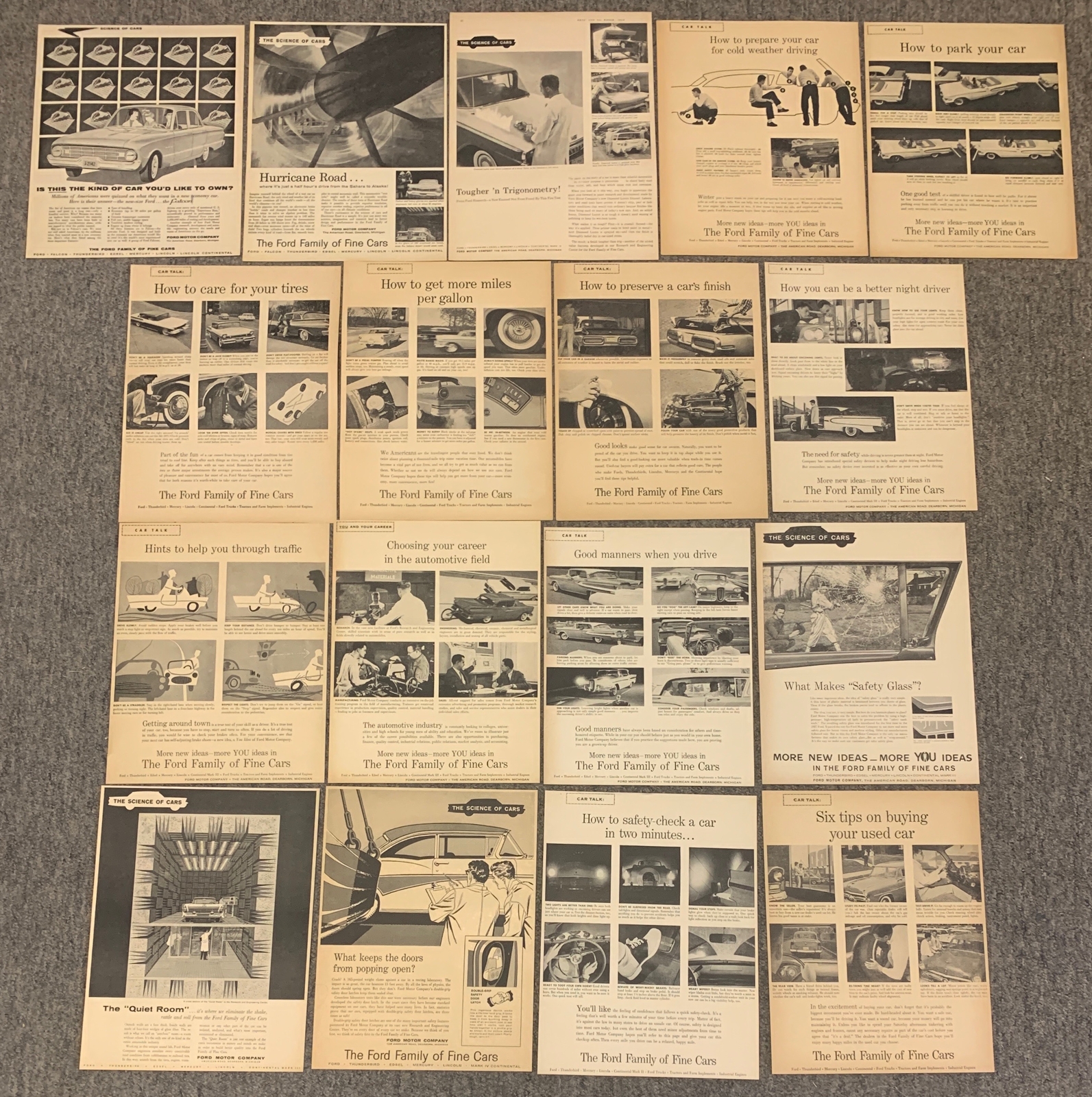 collection/lot of seventeen 1950's FORD MOTORS ADS