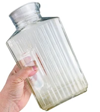 vtg Anchor Hocking Ribbed glass Refrigerator Bottle Water Juice 2 QT w lid Jug