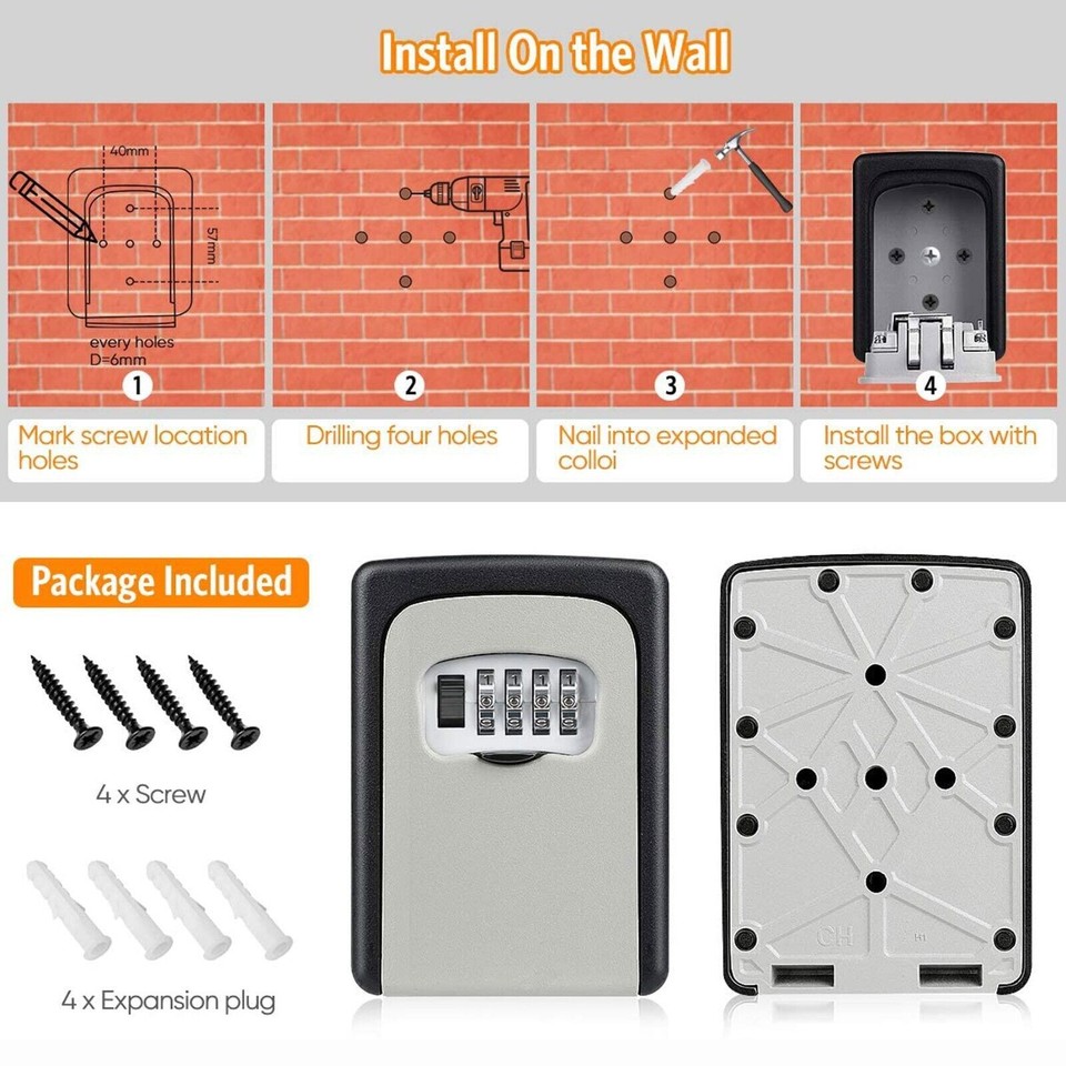 4 Digit Key Safe Lock Box Combination Wall Mount Security Storage Case ...