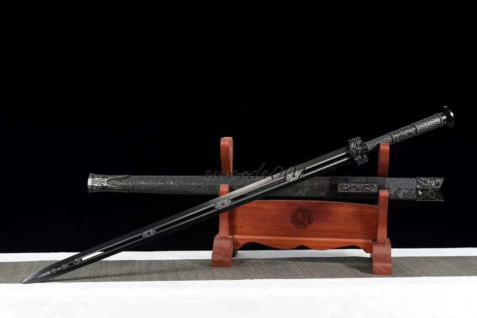 41'' All Black Chinese Jian Double Edged Dragon Sword 1095 Carbon Steel Blade - Image 3 of 4