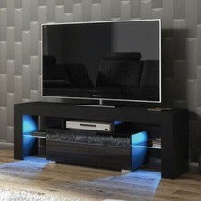TV Unit 130cm Cabinet | High Gloss Black Doors | Black Sideboard + Free LED