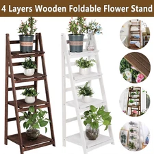 Ladder Shelf 4-Tier Foldable Wood Bookshelf Floor Rack Plant Stand Display Shelf