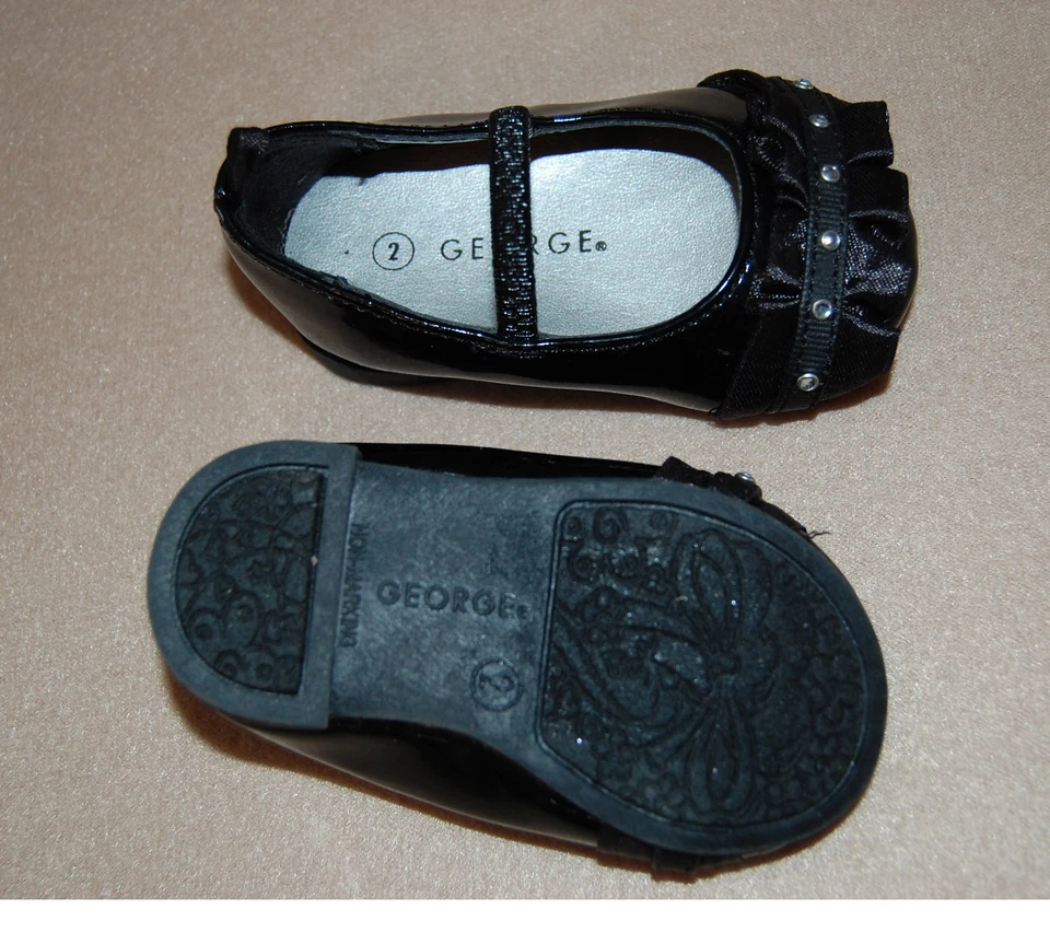 ZAPATOS para niñas pequeñas George VESTIDO Iglesia NEGROS Punta con volantes con pedrería 2 Foto 2 de 2