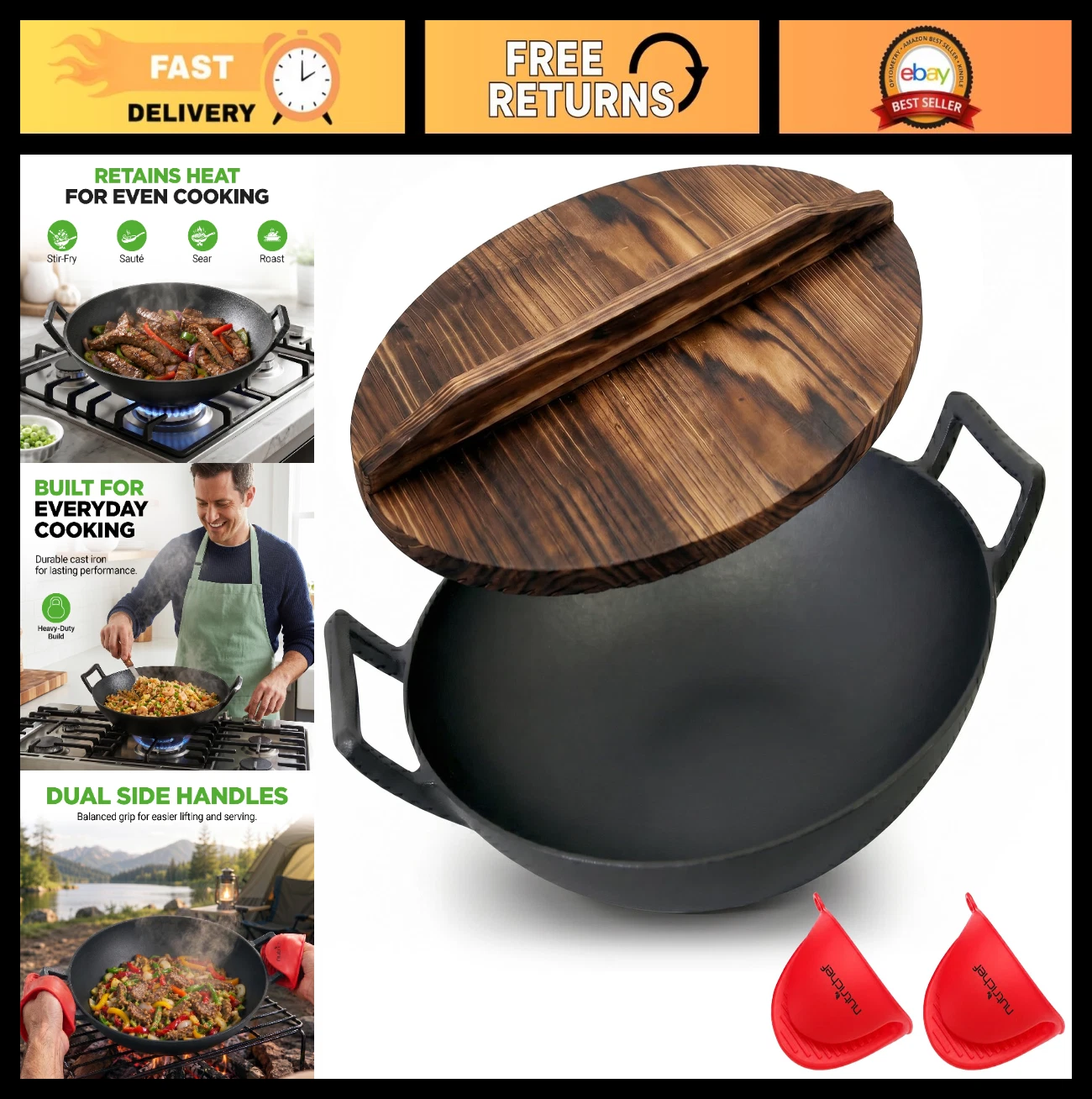 Pre-Seasoned Cast Iron Wok with Wooden Lid - 5.8 Qt Stir-Fry Pan, Induction Comp
