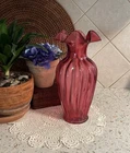 Vintage Fenton Cranberry Glass Ribbed Ruffled Edge Vase 11”