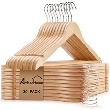 30 Pack Wooden Coat Hangers, Natural Wood Suit Hangers with NonSlip Pant Bar,...