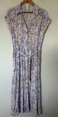 H&M Size Small Shirt Dress Long Floral Purple Lilac Mix Collared Belt Waist Tie - Image 1 of 4