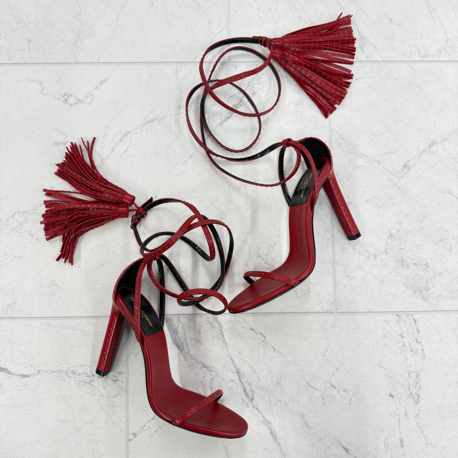 Nuovo con scatola $1.925 donna Saint Laurent nappa borchie rosso tacco avvolgente taglia:37