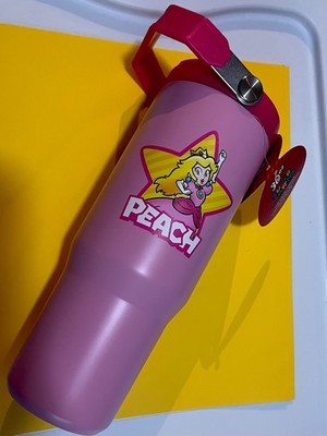 Rare Nintendo Super Mario Princess Peach 30oz Flip Straw Tumbler Pink Handle Lid