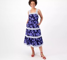 Isaac Mizrahi Live! Regular Printed Tiered Midi Dress Dark Navy 24W New