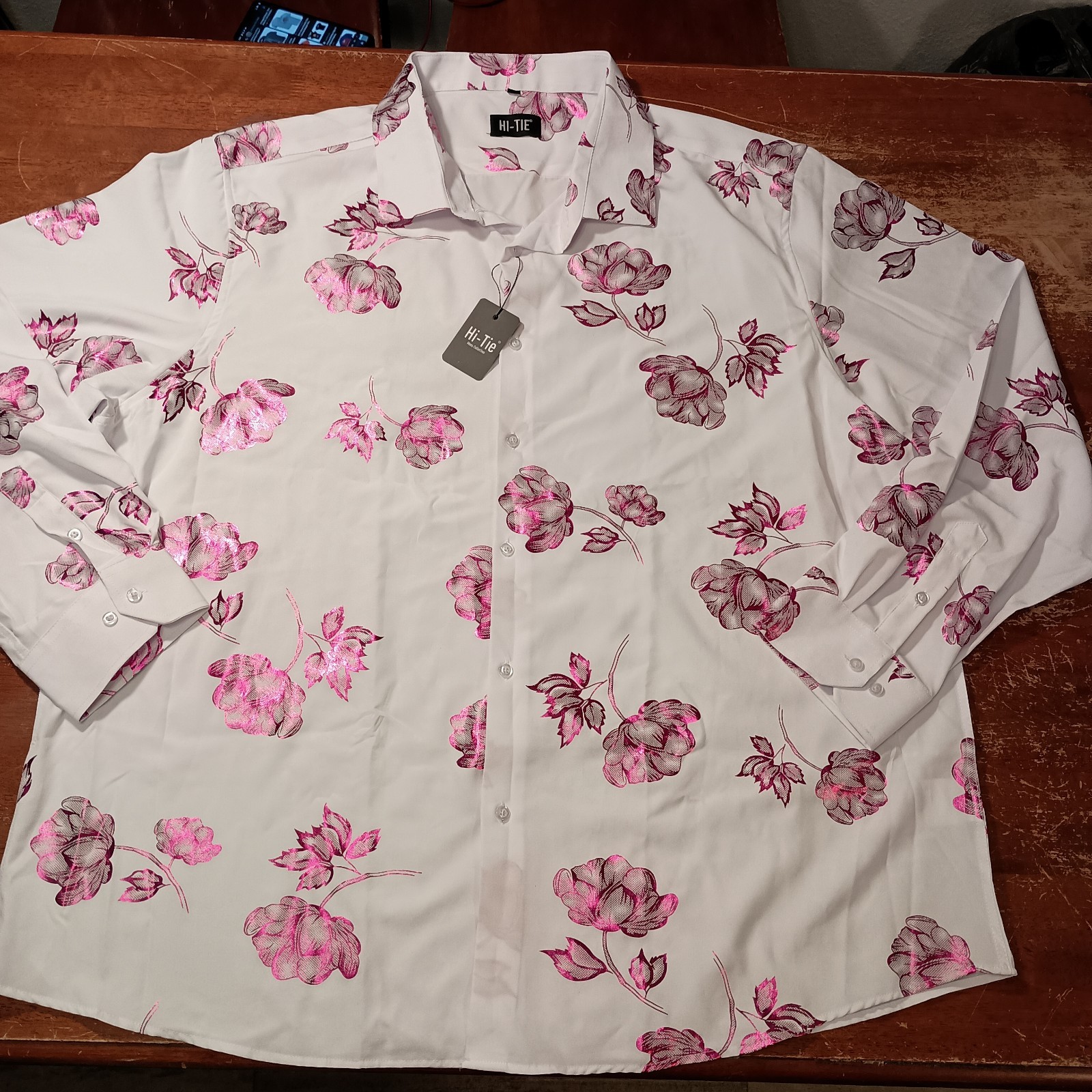 Hi-Tie Men's White Pink Floral Print Long Sleeve Button Down Dress Shirt XXXL