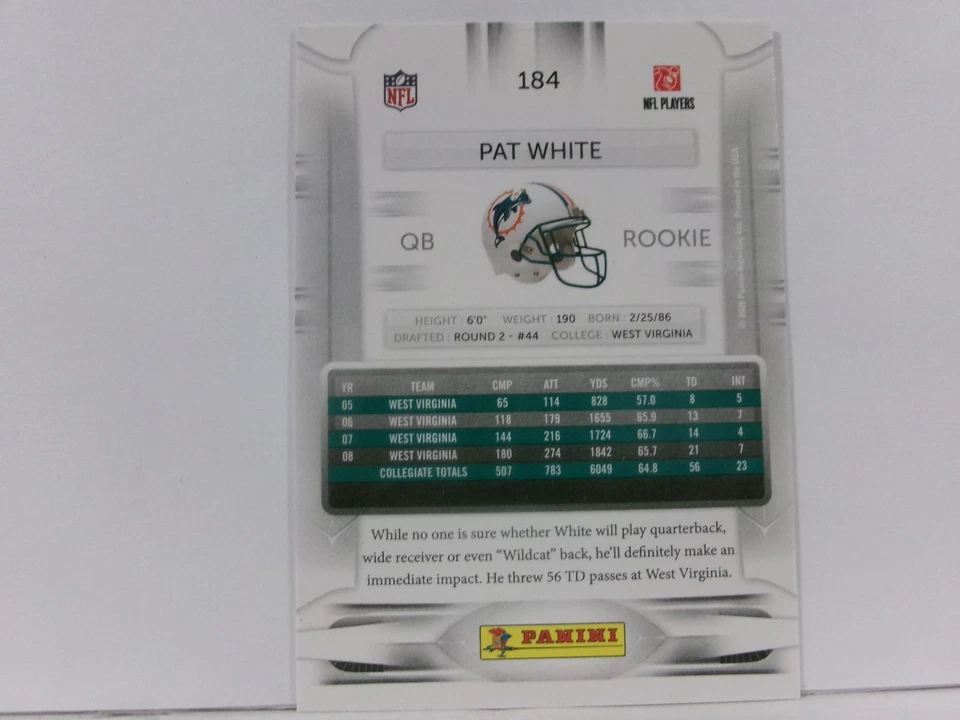 2009 Playoff Prestige Rookie Pat White (Blue Jersey) #184 Rookie RC - Image 2 of 2