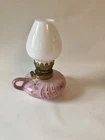 Vintage Small Pink And Gold Detail Oil Lamp W/ Milk Glass Top Bedside Oil Lamp