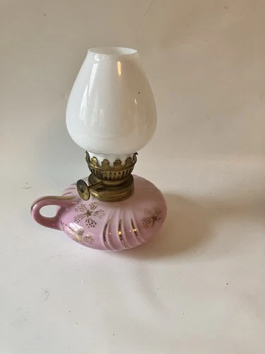 Vintage Small Pink And Gold Detail Oil Lamp W/ Milk Glass Top Bedside Oil Lamp